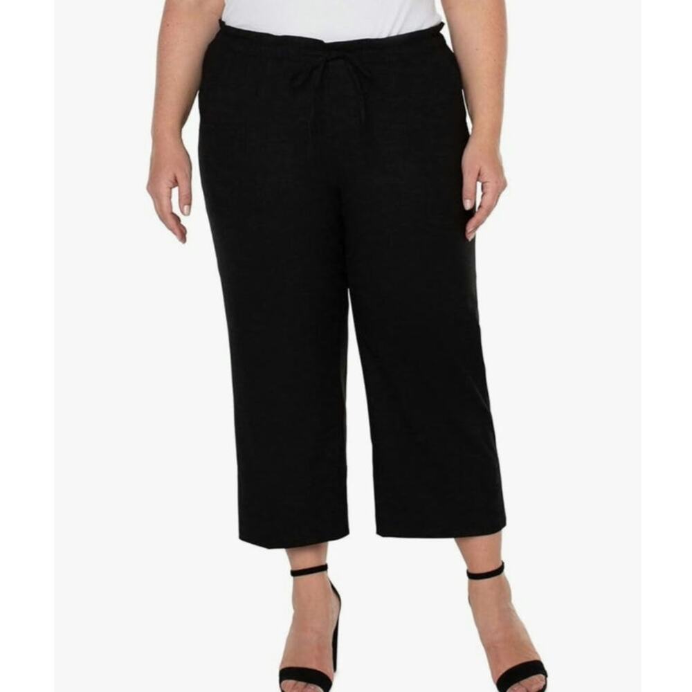 NWOT Liverpool Black Tie Waist Pull On High Rise Cropped Wide Leg Pant
